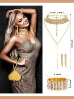 Quelay 4 Pieces Women Crystal Jewelry Set Rhinestone Tassel Necklace Stretch Bangle Bracelet Crystal Dangle Fringe Earrings and Rhinestone Handbag for Wedding Party (Glitter Silver,Medium) - Image 6